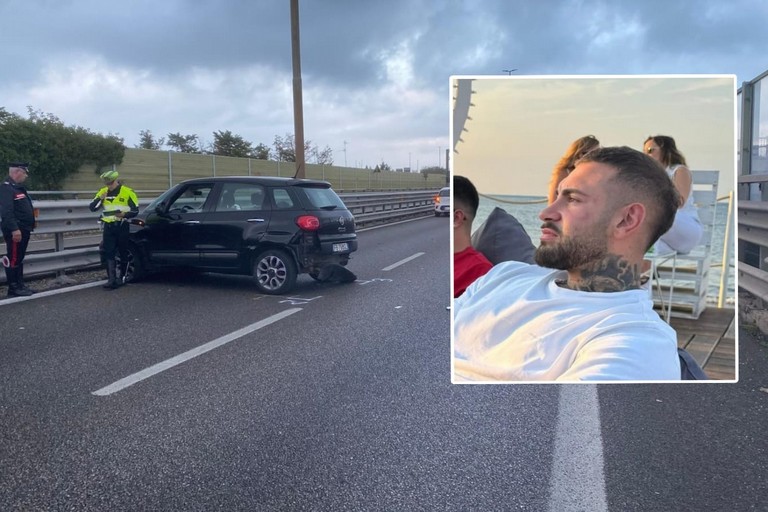 L'incidente stradale avvenuto sulla tangenziale di Bari e, nel riquadro, Cosimo Magro