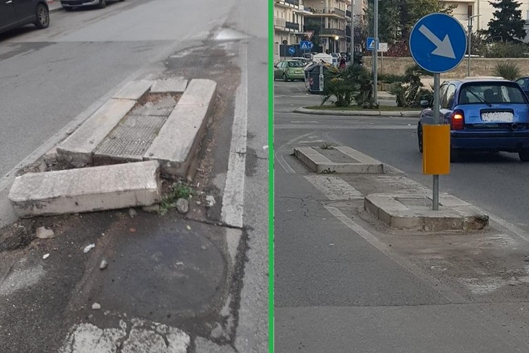 Lo spartitraffico demolito e poi riparato in via Ricapito