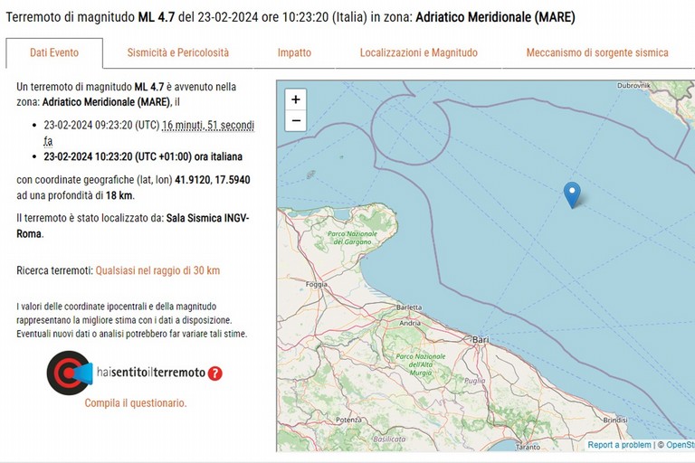 Scossa di terremoto nel nord-barese: avvertita anche a Bitonto
